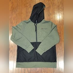 Champion Pullover 1/4 Zip Hoodie Green Two Toned Pockets Men’s Size Large Cotton